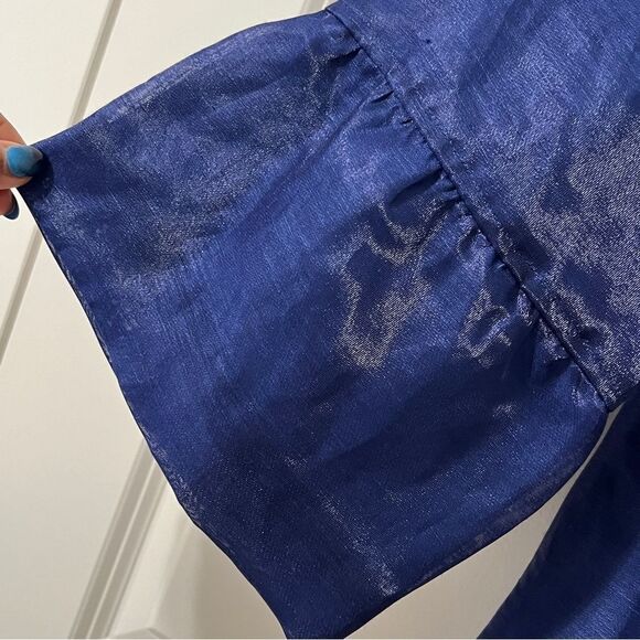 Chico’s Size 2 Metallic Linen Blend Long Bell Sleeve Jacket Blazer Cobalt - Picture 4 of 12